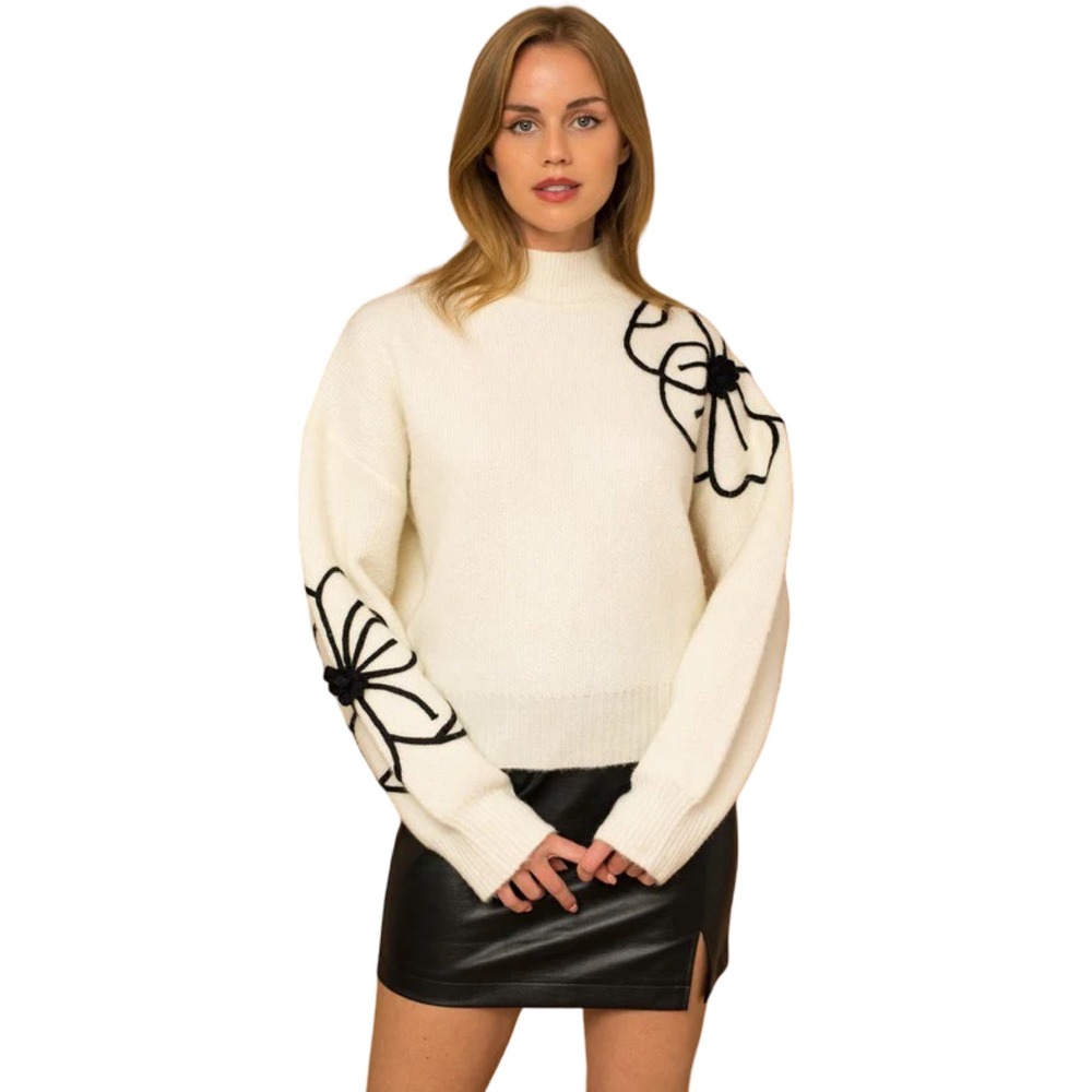 Gilli Women Cream Mock Neck Sweater Black 3D Floral Embroidery Size Large